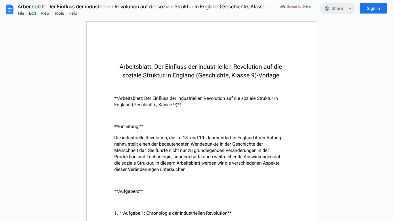 Arbeitsblatt: Der Einfluss der industriellen Revolution auf die soziale Struktur in England (Geschichte, Klasse 9)-Vorlage