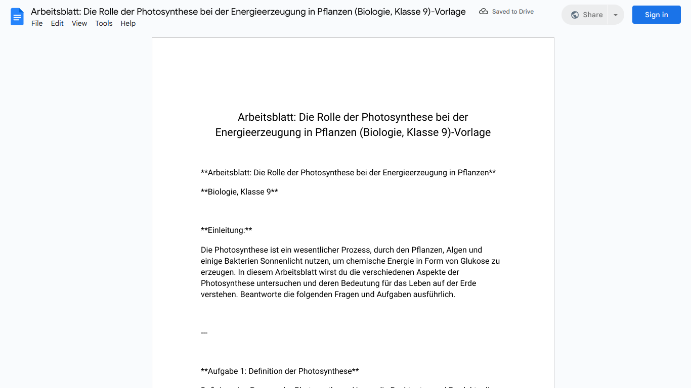 Arbeitsblatt: Die Rolle der Photosynthese bei der Energieerzeugung in Pflanzen (Biologie, Klasse 9)-Vorlage