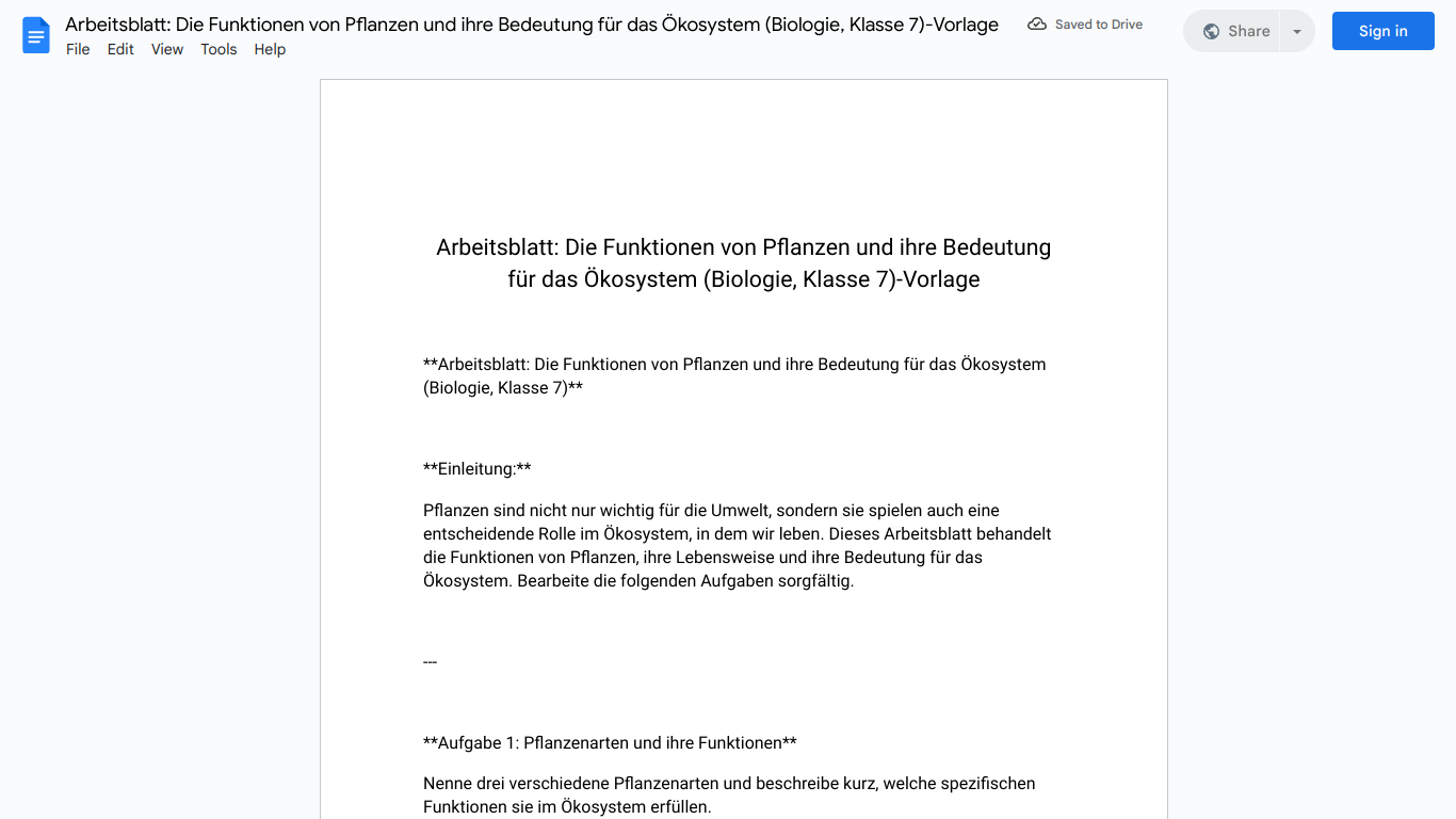 Arbeitsblatt: Die Funktionen von Pflanzen und ihre Bedeutung für das Ökosystem (Biologie, Klasse 7)-Vorlage