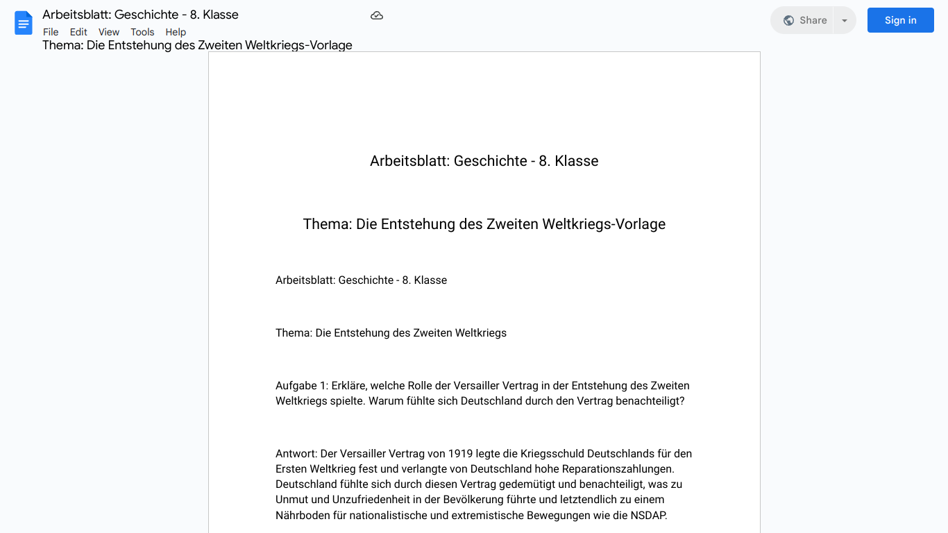 Arbeitsblatt: Geschichte - 8. Klasse

Thema: Die Entstehung des Zweiten Weltkriegs-Vorlage