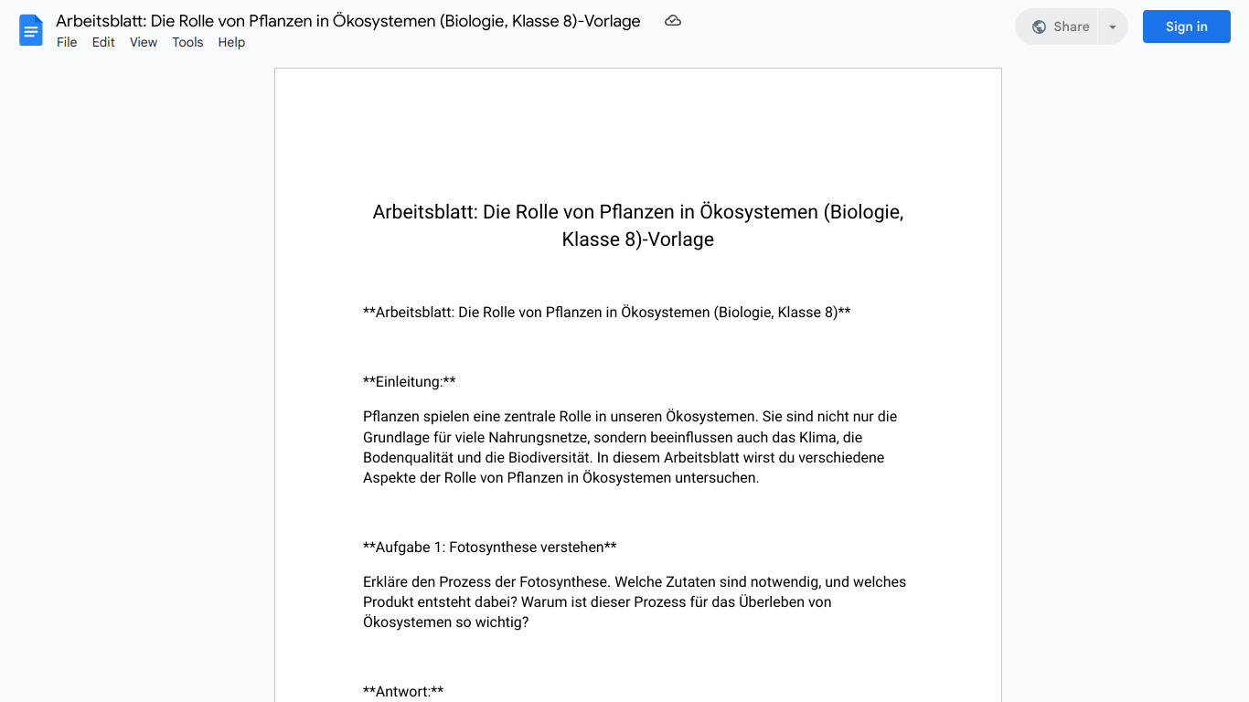 Arbeitsblatt: Die Rolle von Pflanzen in Ökosystemen (Biologie, Klasse 8)-Vorlage