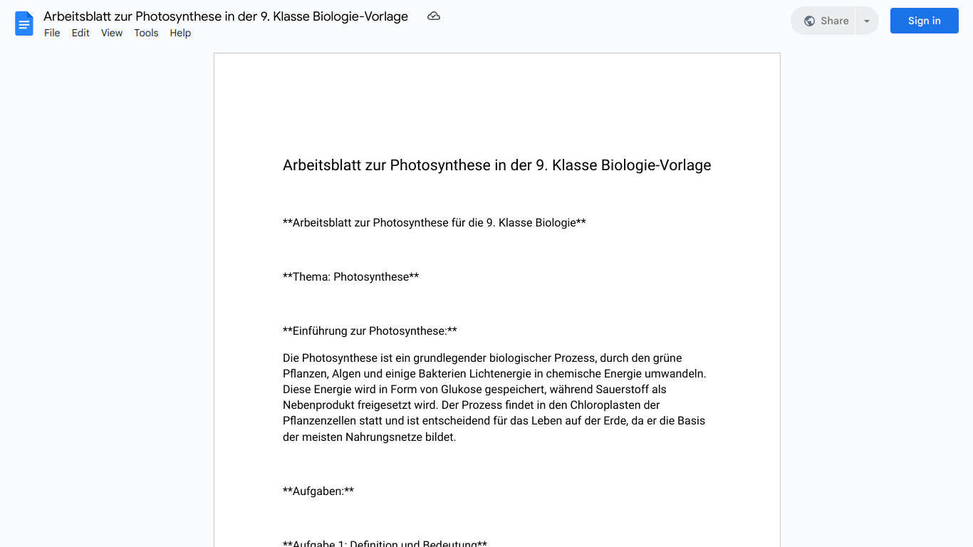 Arbeitsblatt zur Photosynthese in der 9. Klasse Biologie-Vorlage