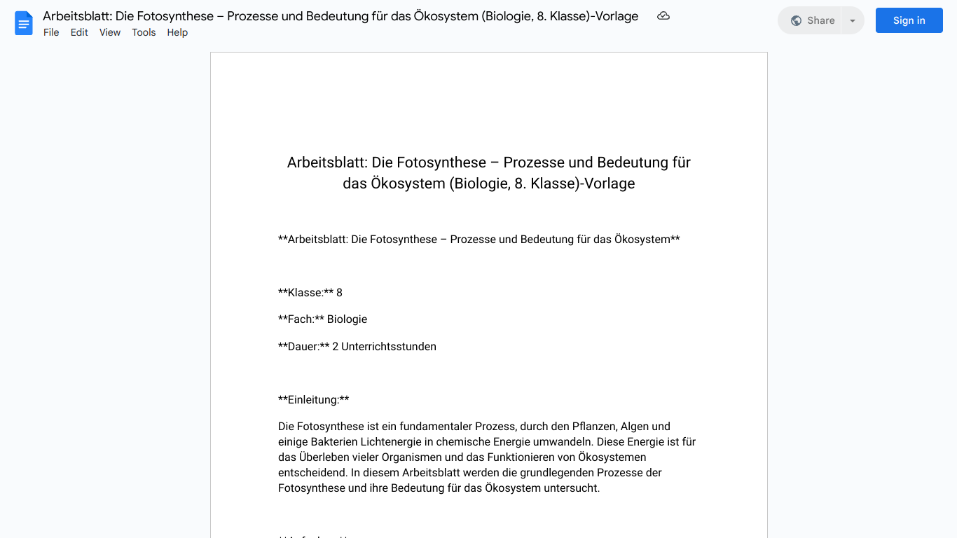 Arbeitsblatt: Die Fotosynthese – Prozesse und Bedeutung für das Ökosystem (Biologie, 8. Klasse)-Vorlage