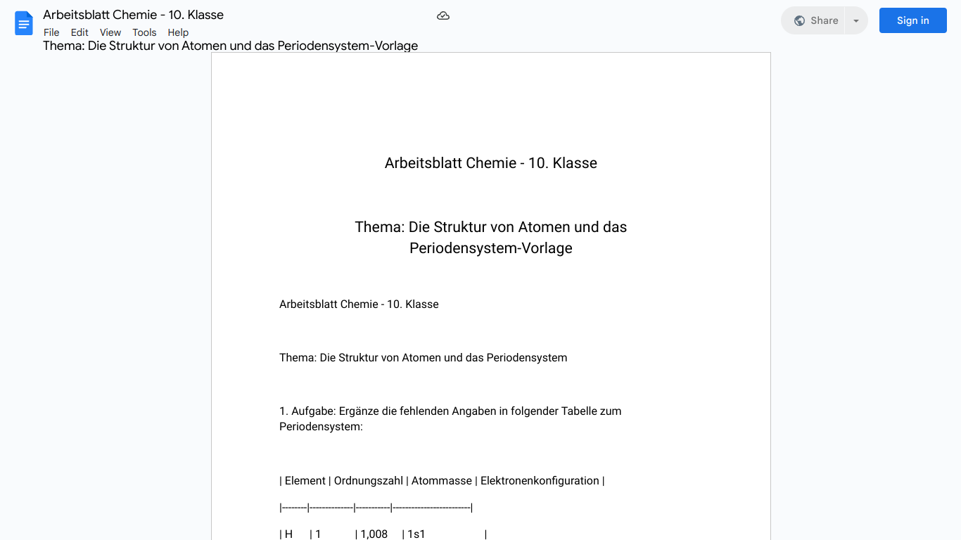 Arbeitsblatt Chemie - 10. Klasse 

Thema: Die Struktur von Atomen und das Periodensystem-Vorlage