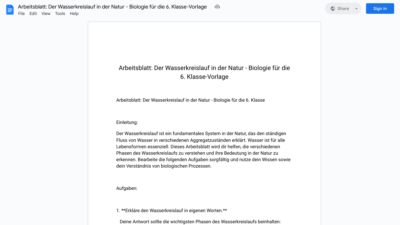 Arbeitsblatt: Der Wasserkreislauf in der Natur - Biologie für die 6. Klasse-Vorlage