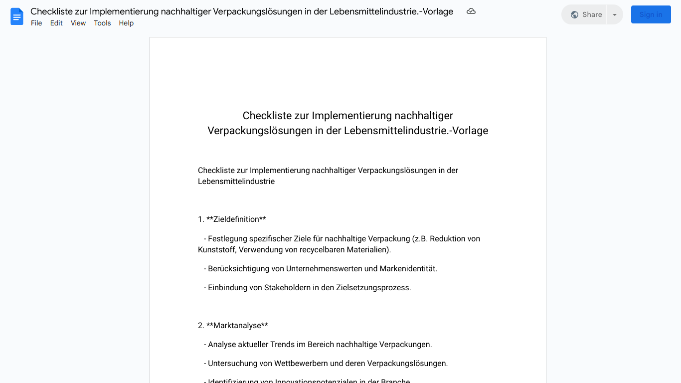 Checkliste zur Implementierung nachhaltiger Verpackungslösungen in der Lebensmittelindustrie.-Vorlage