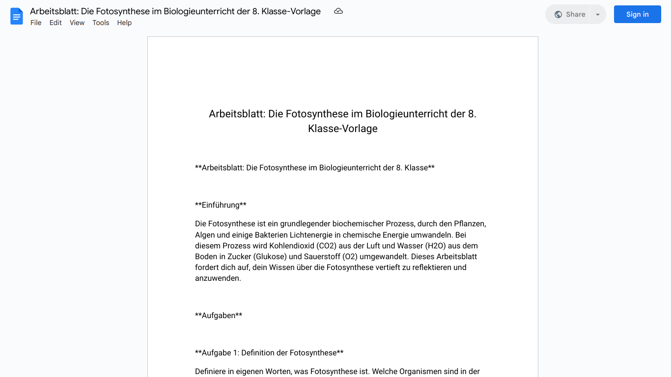 Arbeitsblatt: Die Fotosynthese im Biologieunterricht der 8. Klasse-Vorlage