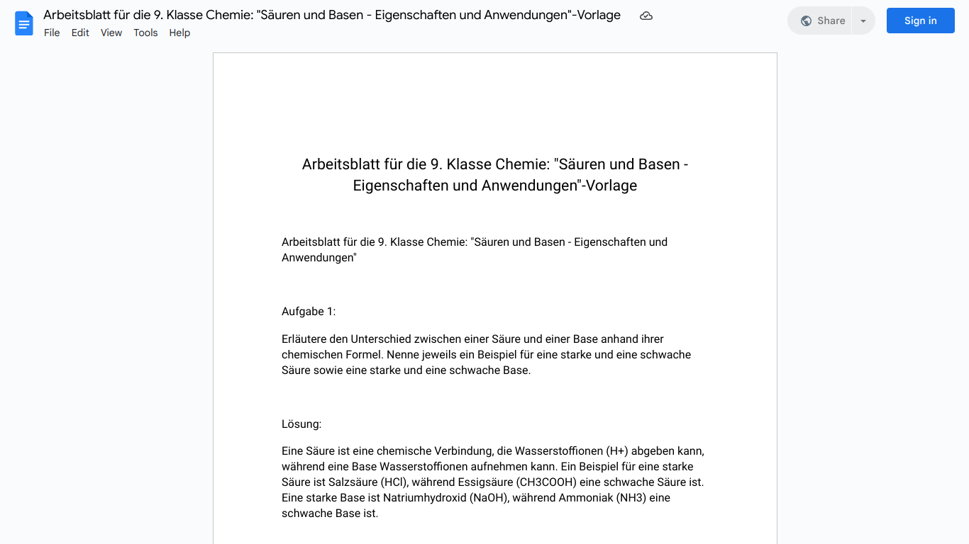 Arbeitsblatt für die 9. Klasse Chemie: "Säuren und Basen - Eigenschaften und Anwendungen"-Vorlage