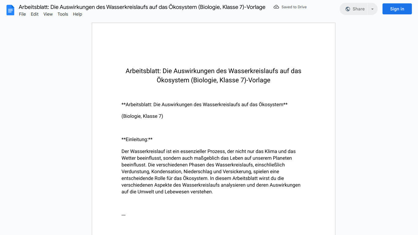 Arbeitsblatt: Die Auswirkungen des Wasserkreislaufs auf das Ökosystem (Biologie, Klasse 7)-Vorlage