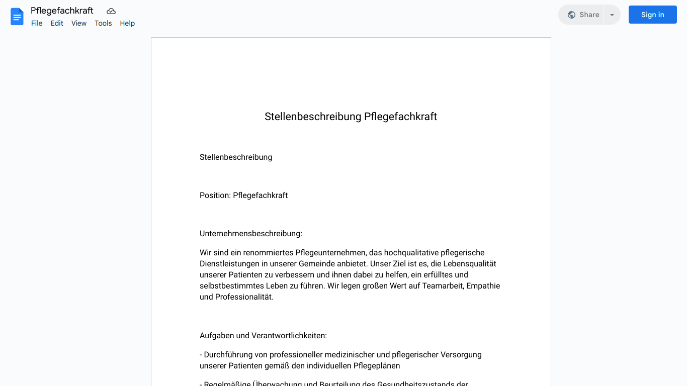 Stellenbeschreibung-Pflegefachkraft