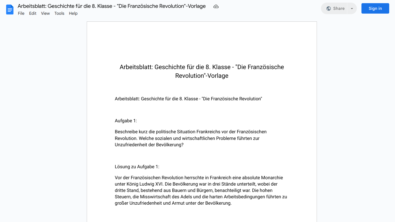 Arbeitsblatt: Geschichte für die 8. Klasse - "Die Französische Revolution"-Vorlage