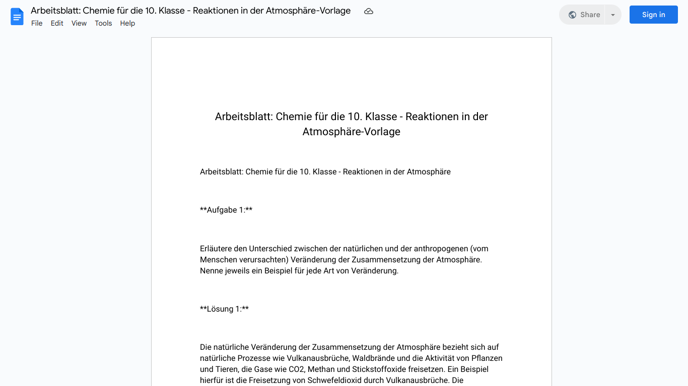 Arbeitsblatt: Chemie für die 10. Klasse - Reaktionen in der Atmosphäre-Vorlage