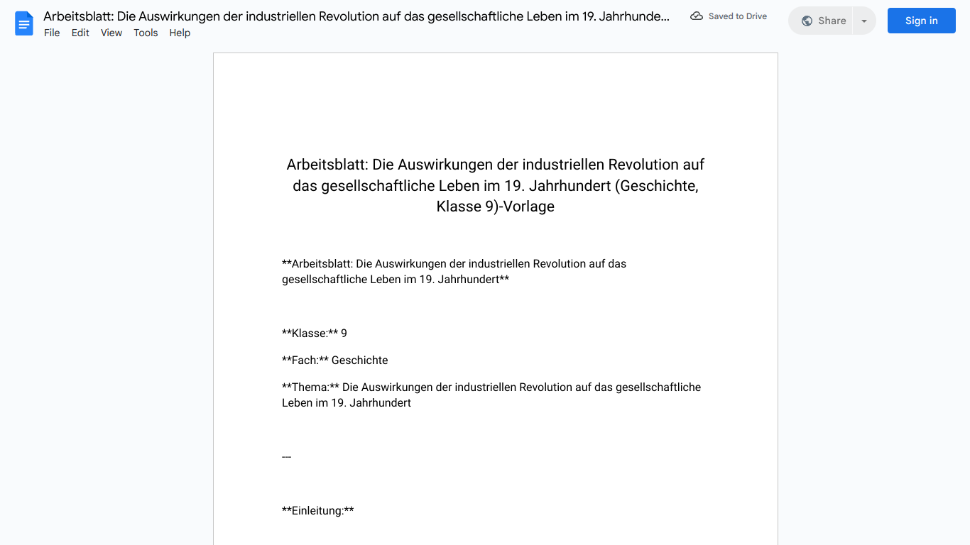 Arbeitsblatt: Die Auswirkungen der industriellen Revolution auf das gesellschaftliche Leben im 19. Jahrhundert (Geschichte, Klasse 9)-Vorlage