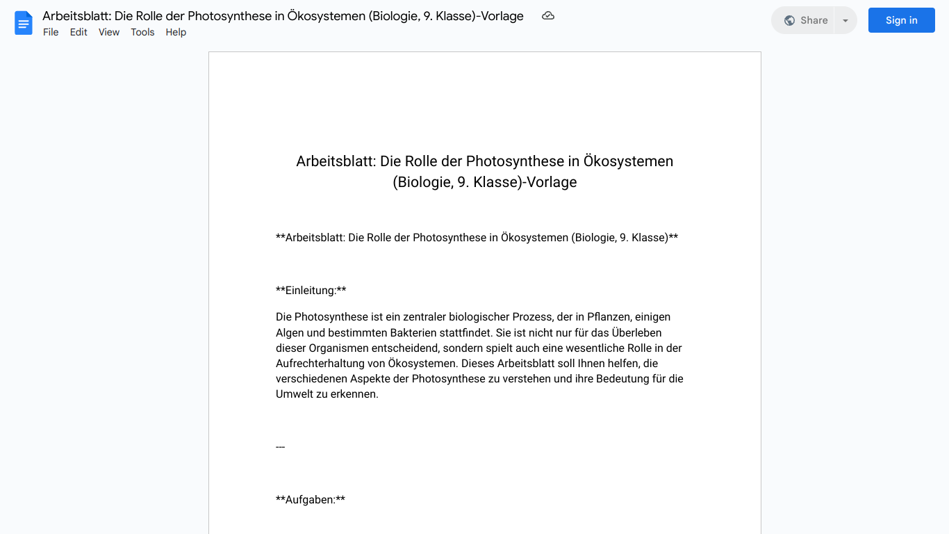 Arbeitsblatt: Die Rolle der Photosynthese in Ökosystemen (Biologie, 9. Klasse)-Vorlage