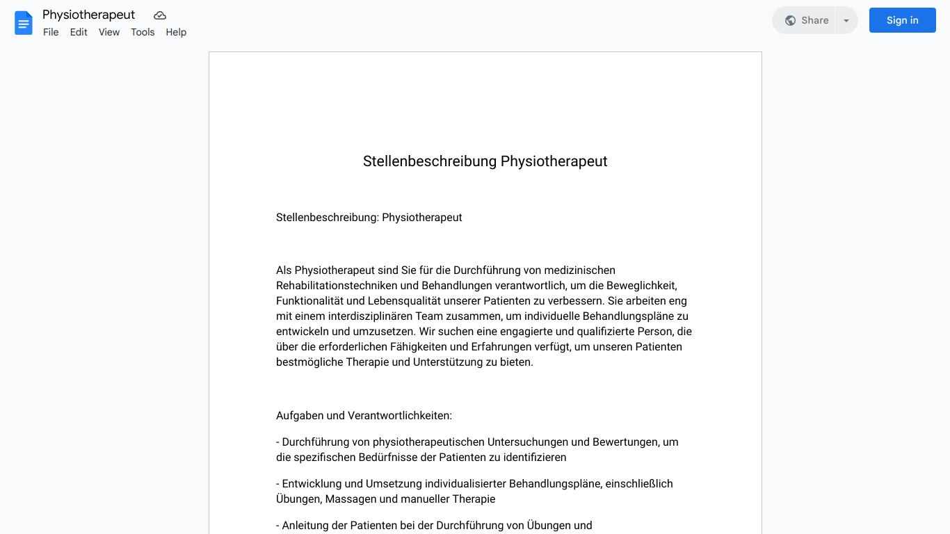 Stellenbeschreibung-Physiotherapeut