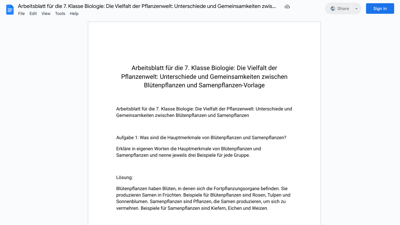 Arbeitsblatt für die 7. Klasse Biologie: Die Vielfalt der Pflanzenwelt: Unterschiede und Gemeinsamkeiten zwischen Blütenpflanzen und Samenpflanzen-Vorlage