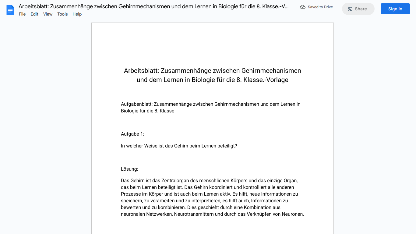 Arbeitsblatt: Zusammenhänge zwischen Gehirnmechanismen und dem Lernen in Biologie für die 8. Klasse.-Vorlage