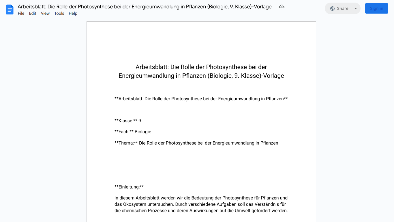 Arbeitsblatt: Die Rolle der Photosynthese bei der Energieumwandlung in Pflanzen (Biologie, 9. Klasse)-Vorlage