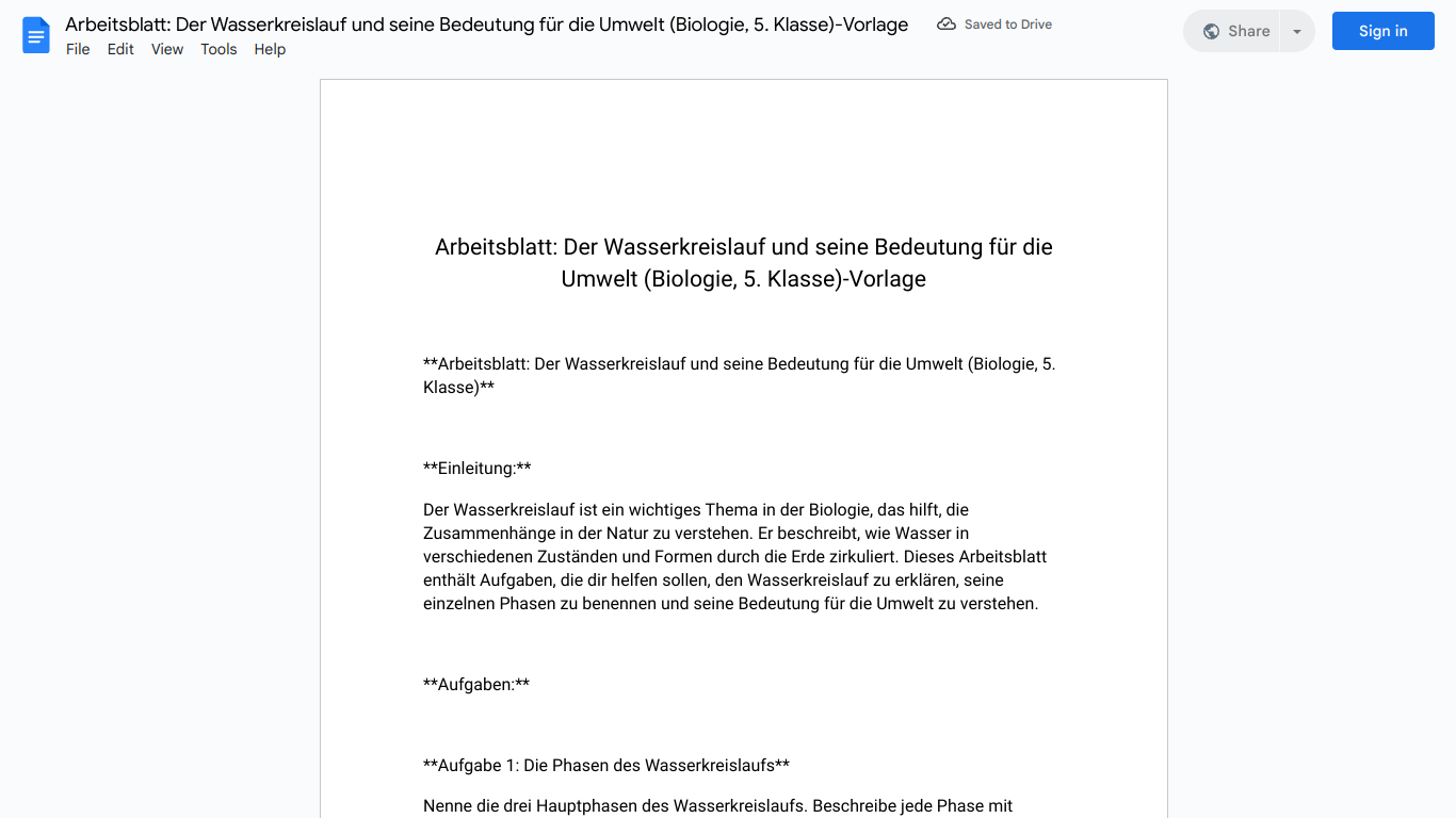 Arbeitsblatt: Der Wasserkreislauf und seine Bedeutung für die Umwelt (Biologie, 5. Klasse)-Vorlage