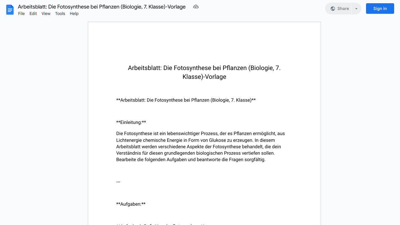 Arbeitsblatt: Die Fotosynthese bei Pflanzen (Biologie, 7. Klasse)-Vorlage