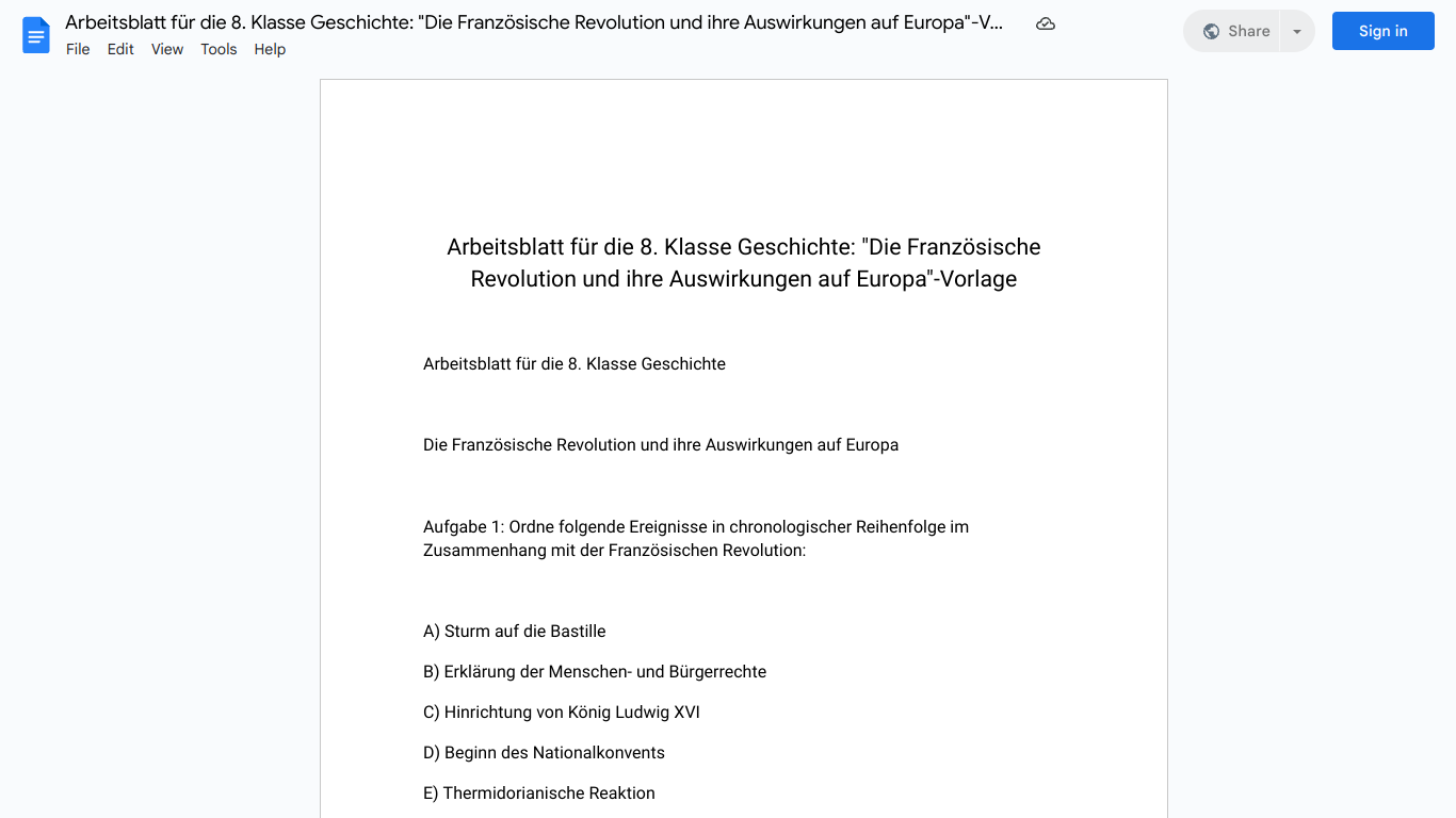 Arbeitsblatt für die 8. Klasse Geschichte: "Die Französische Revolution und ihre Auswirkungen auf Europa"-Vorlage