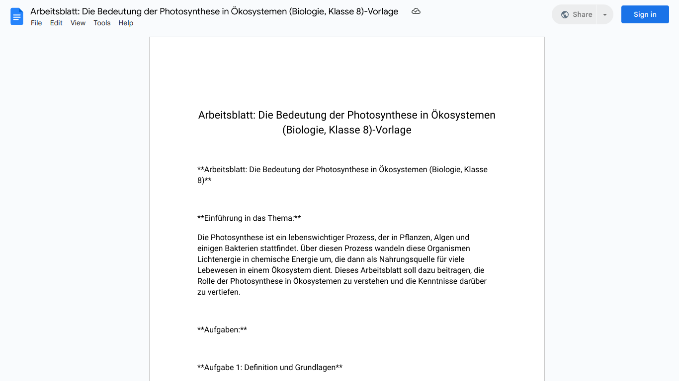 Arbeitsblatt: Die Bedeutung der Photosynthese in Ökosystemen (Biologie, Klasse 8)-Vorlage