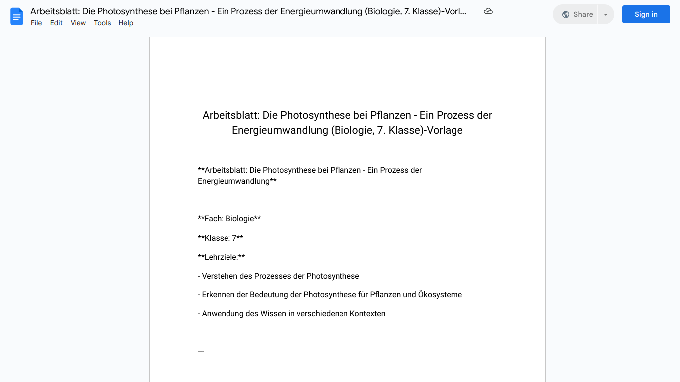 Arbeitsblatt: Die Photosynthese bei Pflanzen - Ein Prozess der Energieumwandlung (Biologie, 7. Klasse)-Vorlage