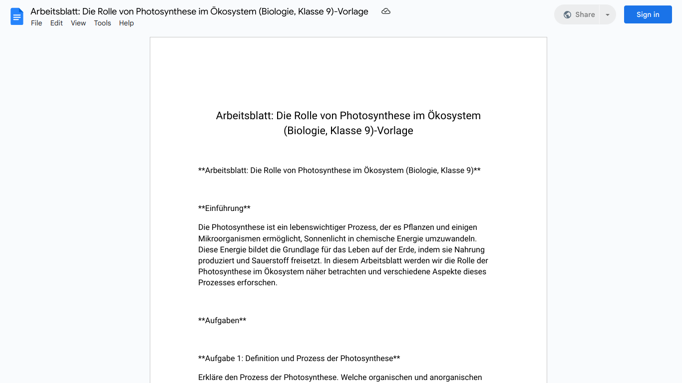 Arbeitsblatt: Die Rolle von Photosynthese im Ökosystem (Biologie, Klasse 9)-Vorlage