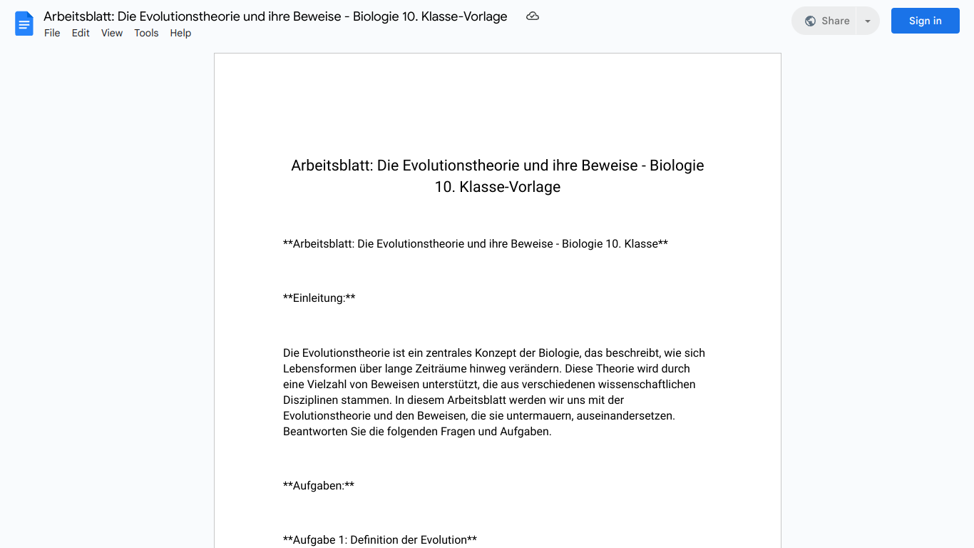 Arbeitsblatt: Die Evolutionstheorie und ihre Beweise - Biologie 10. Klasse-Vorlage