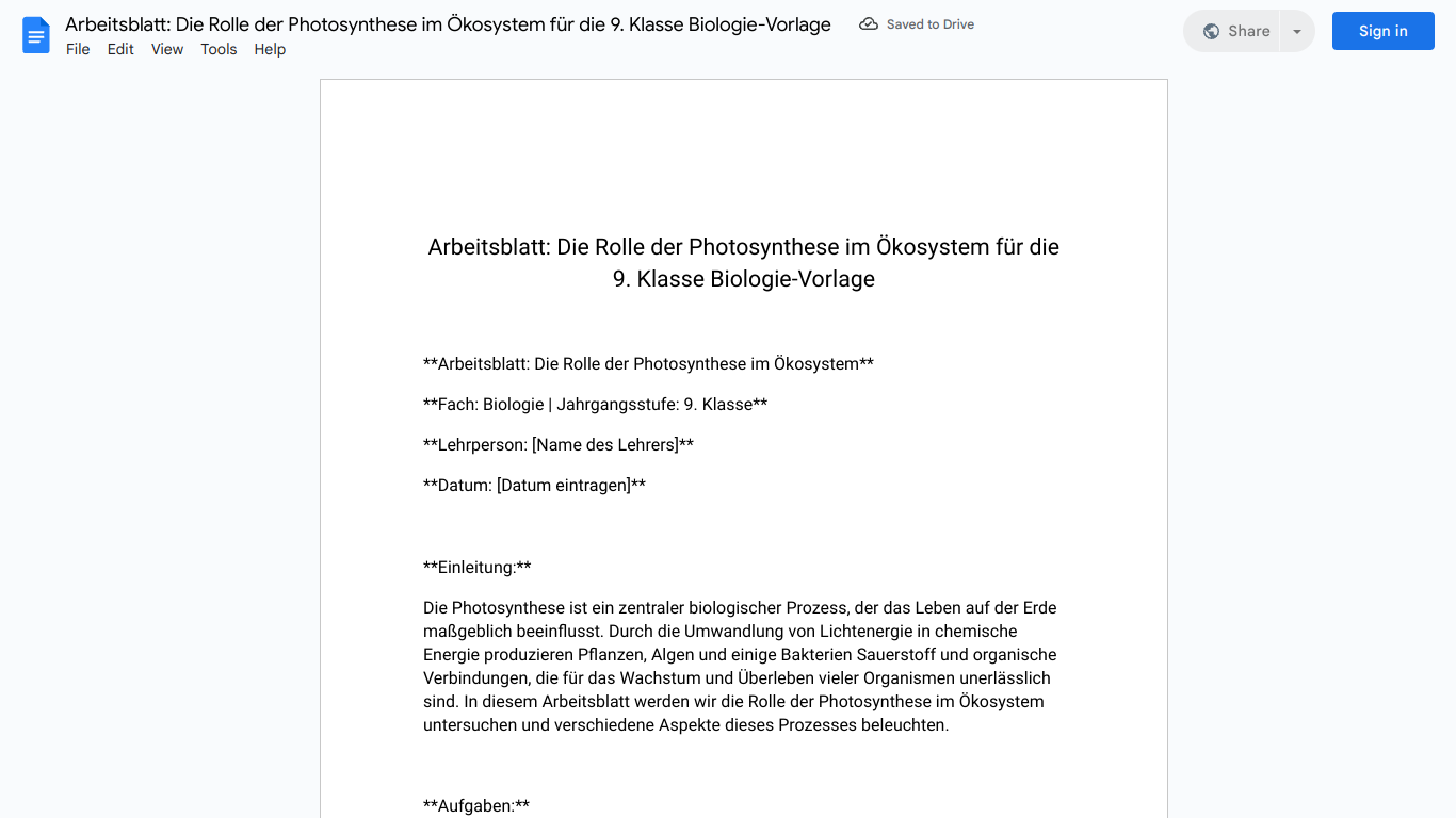 Arbeitsblatt: Die Rolle der Photosynthese im Ökosystem für die 9. Klasse Biologie-Vorlage