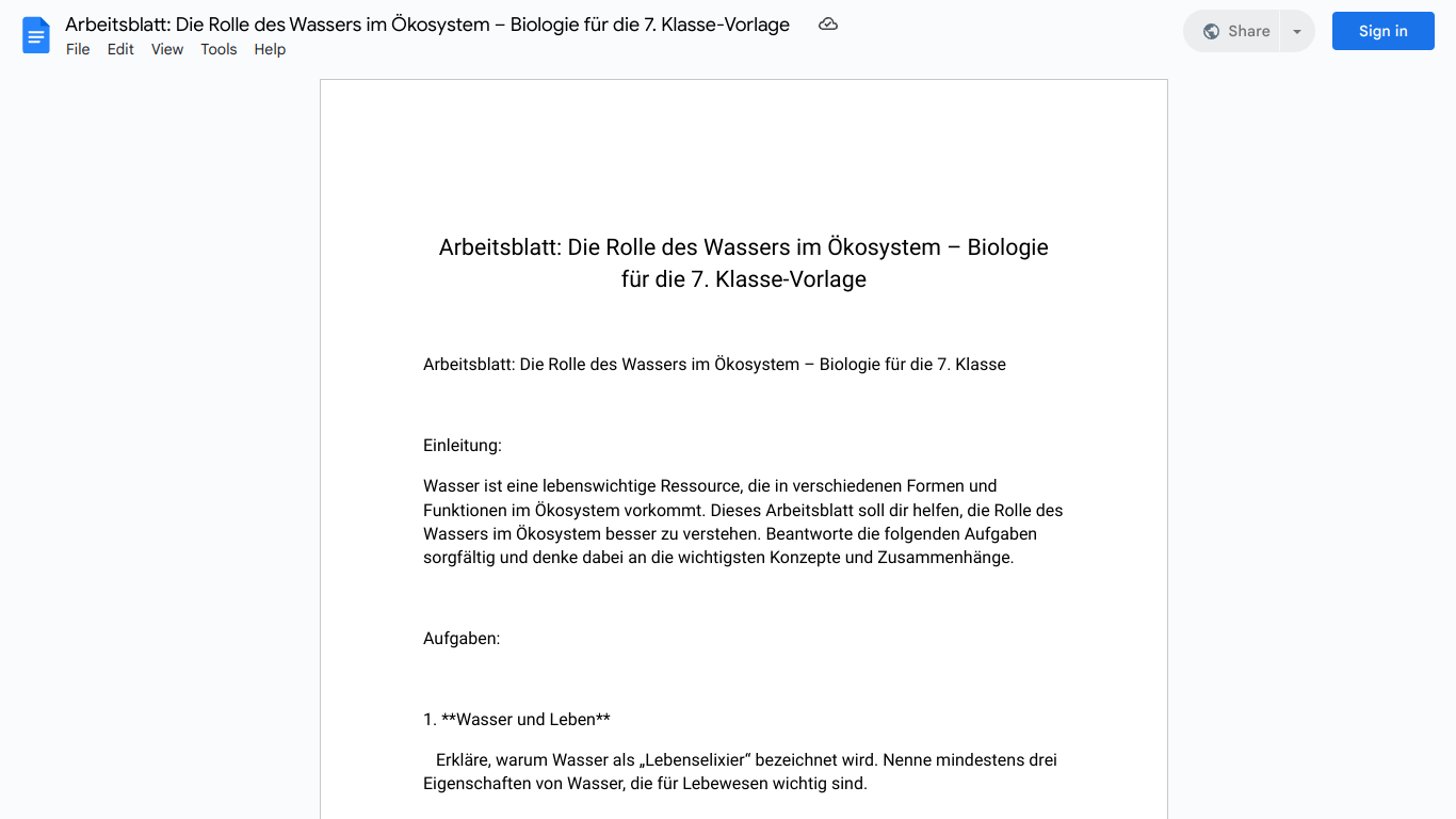 Arbeitsblatt: Die Rolle des Wassers im Ökosystem – Biologie für die 7. Klasse-Vorlage