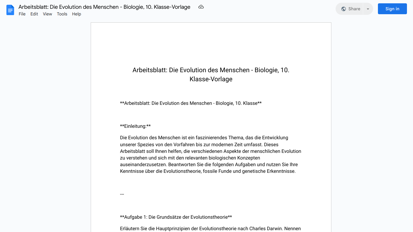 Arbeitsblatt: Die Evolution des Menschen - Biologie, 10. Klasse-Vorlage