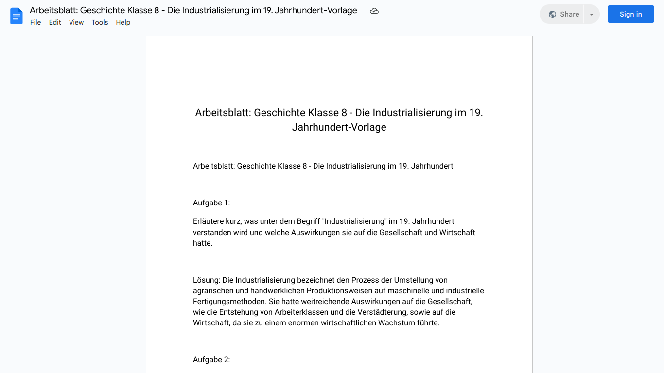 Arbeitsblatt: Geschichte Klasse 8 - Die Industrialisierung im 19. Jahrhundert-Vorlage