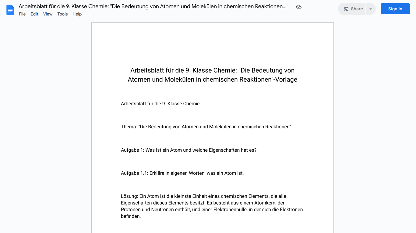 Arbeitsblatt für die 9. Klasse Chemie: "Die Bedeutung von Atomen und Molekülen in chemischen Reaktionen"-Vorlage