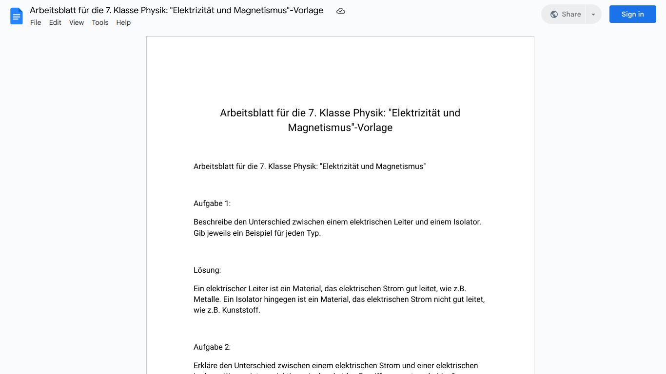 Arbeitsblatt für die 7. Klasse Physik: "Elektrizität und Magnetismus"-Vorlage