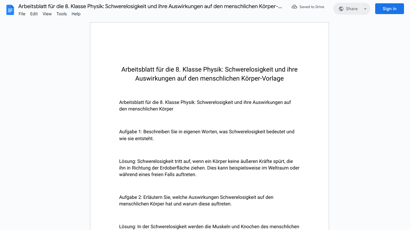 Arbeitsblatt für die 8. Klasse Physik: Schwerelosigkeit und ihre Auswirkungen auf den menschlichen Körper-Vorlage