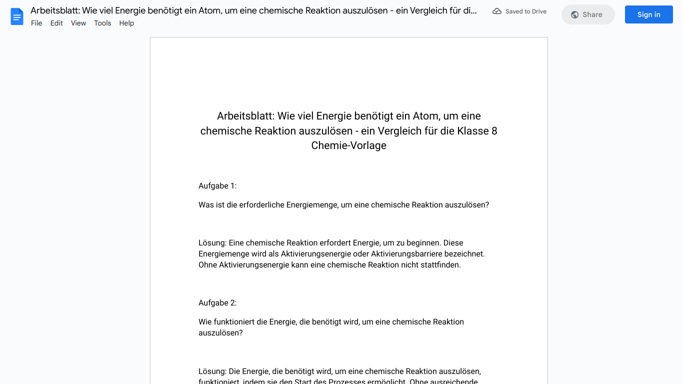 Arbeitsblatt: Wie viel Energie benötigt ein Atom, um eine chemische Reaktion auszulösen - ein Vergleich für die Klasse 8 Chemie-Vorlage