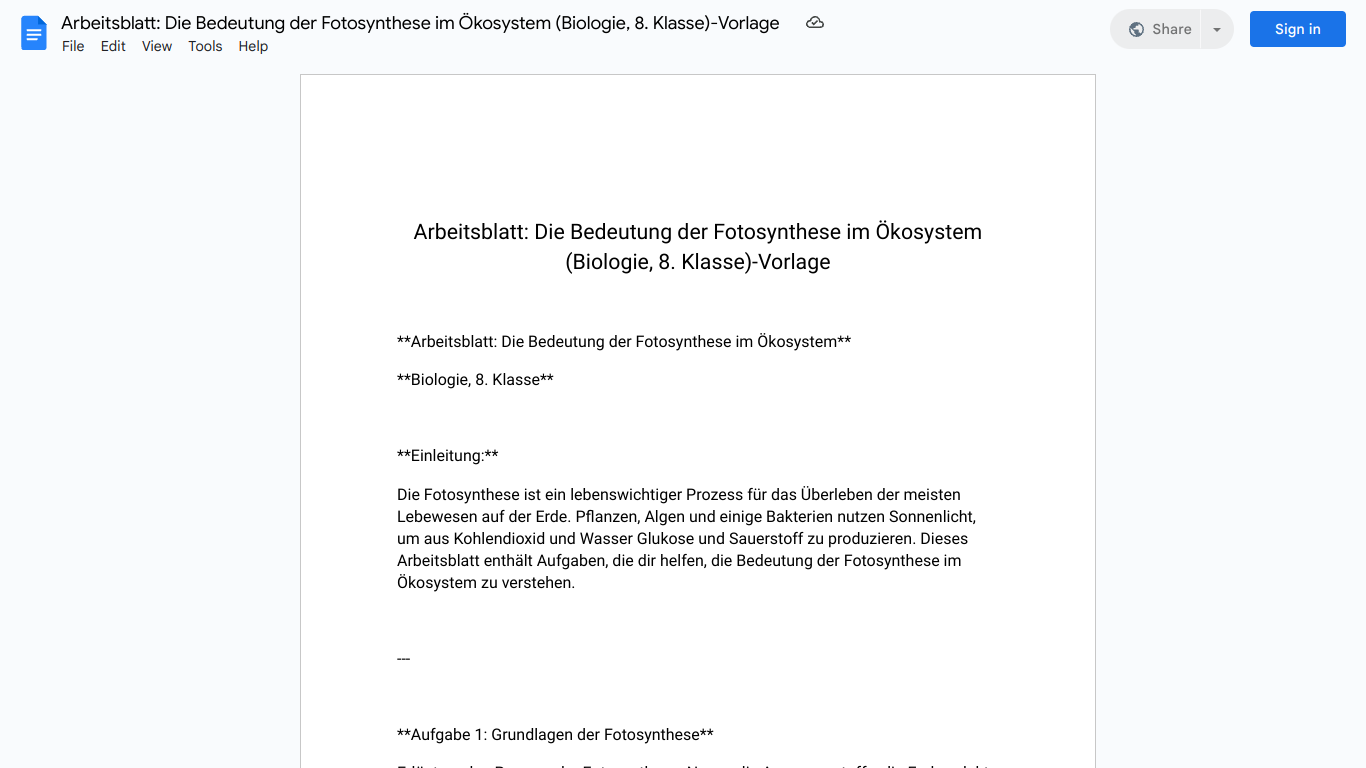 Arbeitsblatt: Die Bedeutung der Fotosynthese im Ökosystem (Biologie, 8. Klasse)-Vorlage