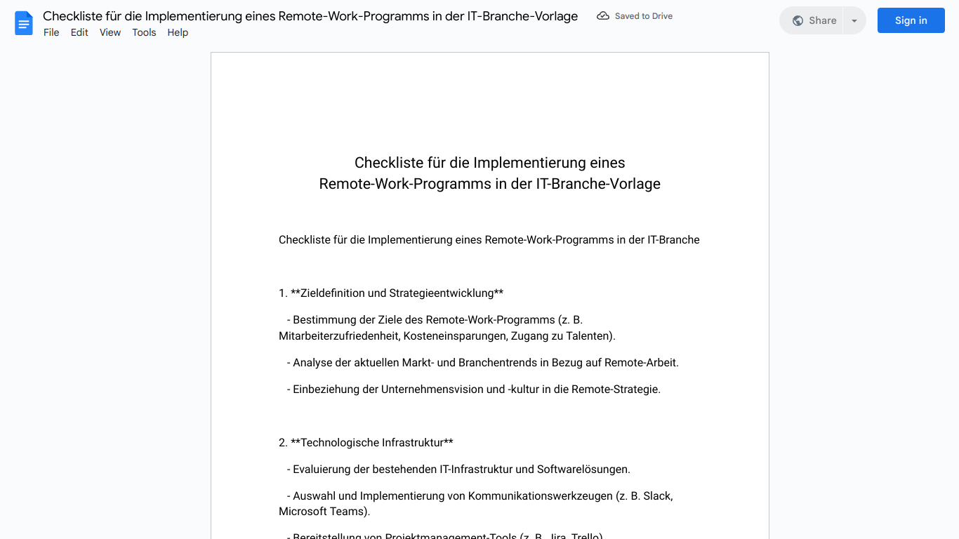 Checkliste für die Implementierung eines Remote-Work-Programms in der IT-Branche-Vorlage