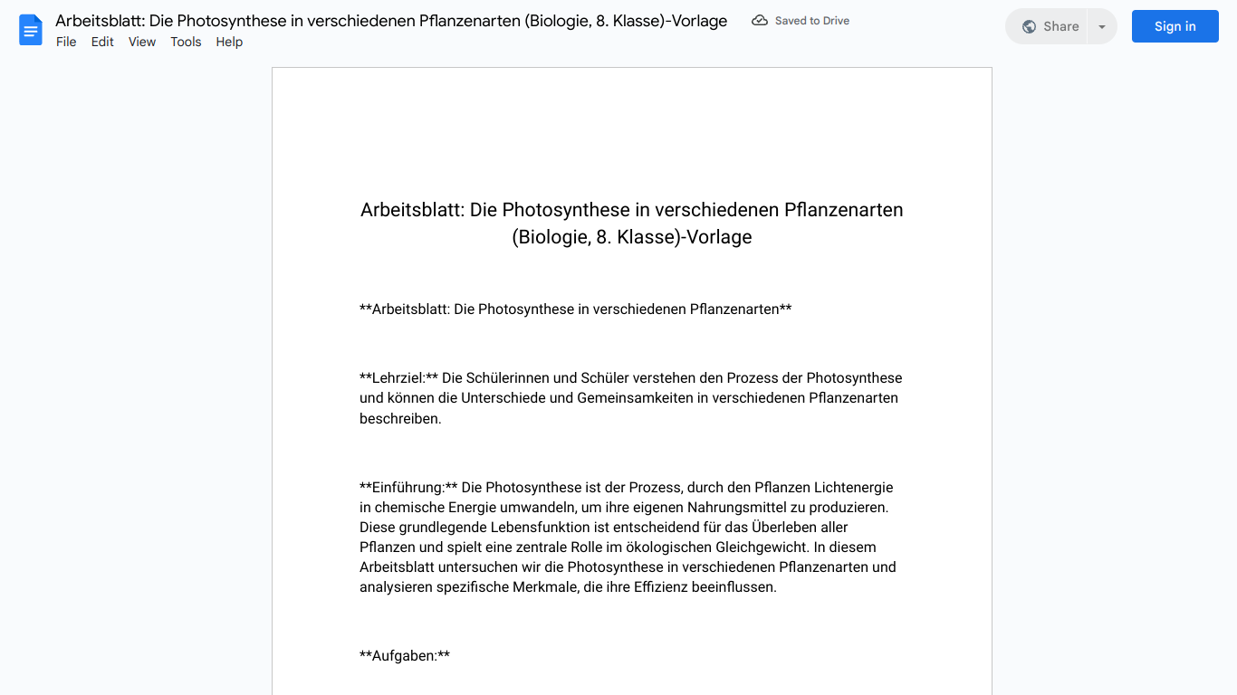 Arbeitsblatt: Die Photosynthese in verschiedenen Pflanzenarten (Biologie, 8. Klasse)-Vorlage