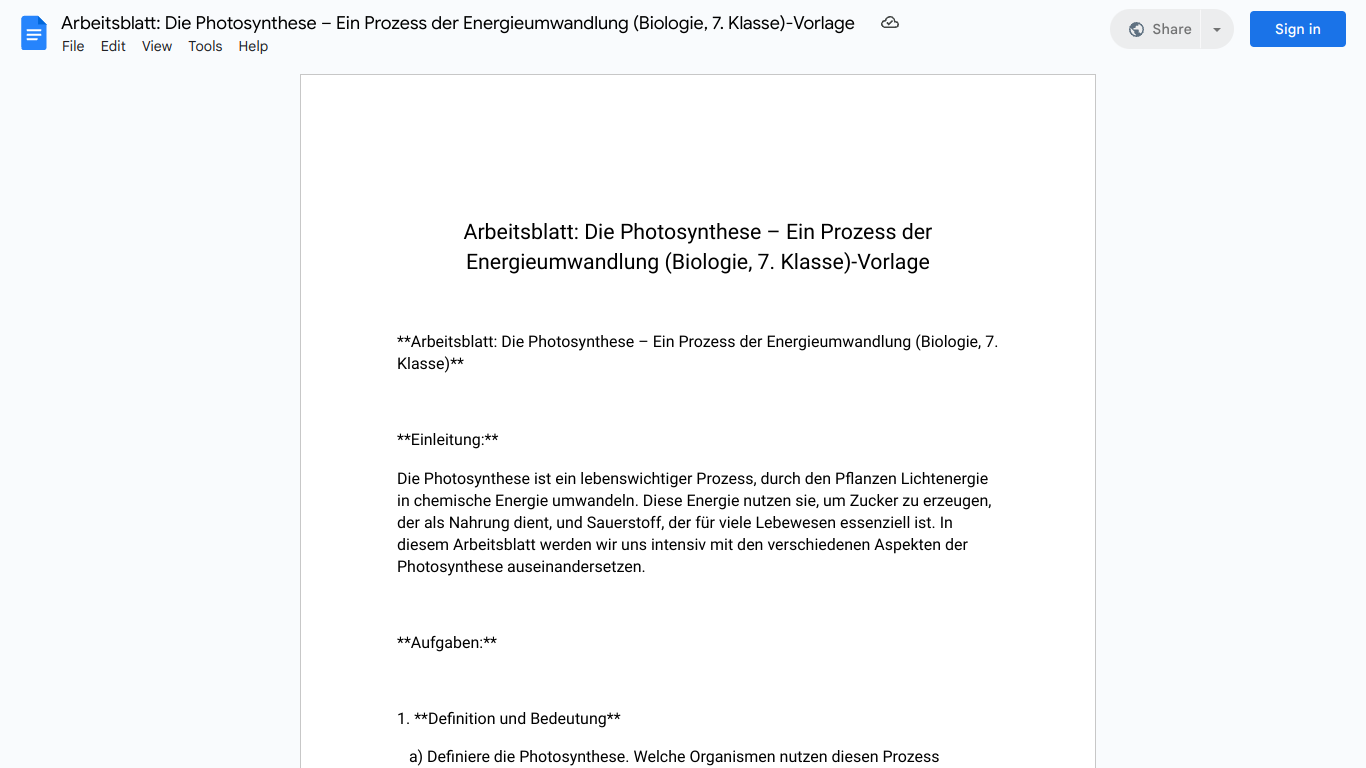 Arbeitsblatt: Die Photosynthese – Ein Prozess der Energieumwandlung (Biologie, 7. Klasse)-Vorlage