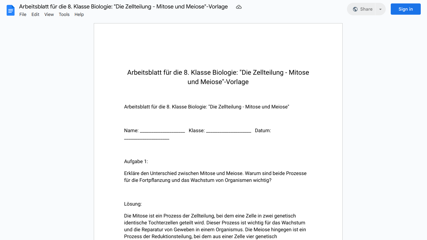 Arbeitsblatt für die 8. Klasse Biologie: "Die Zellteilung - Mitose und Meiose"-Vorlage