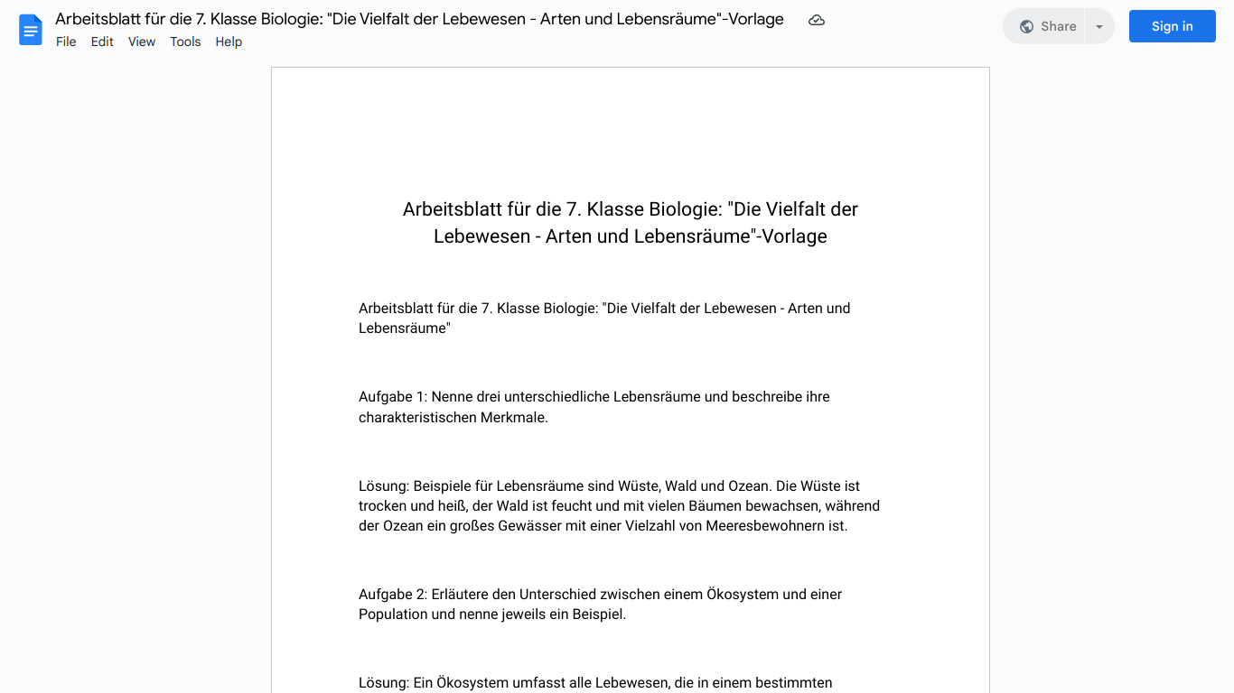 Arbeitsblatt für die 7. Klasse Biologie: "Die Vielfalt der Lebewesen - Arten und Lebensräume"-Vorlage