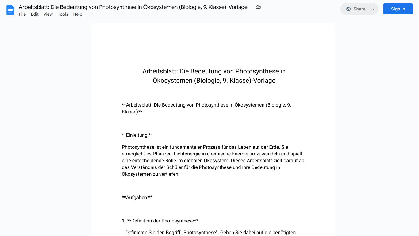 Arbeitsblatt: Die Bedeutung von Photosynthese in Ökosystemen (Biologie, 9. Klasse)-Vorlage