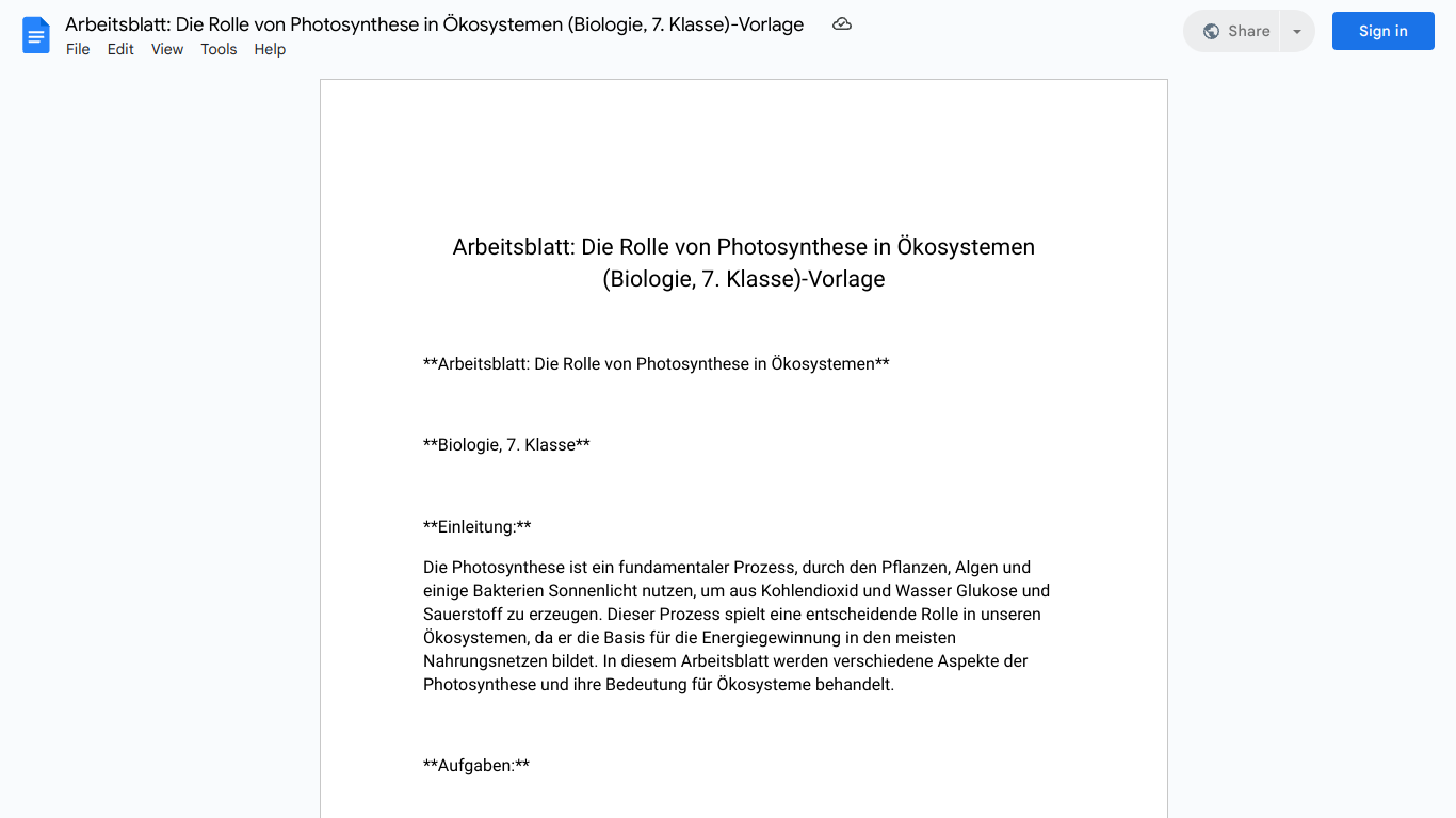 Arbeitsblatt: Die Rolle von Photosynthese in Ökosystemen (Biologie, 7. Klasse)-Vorlage