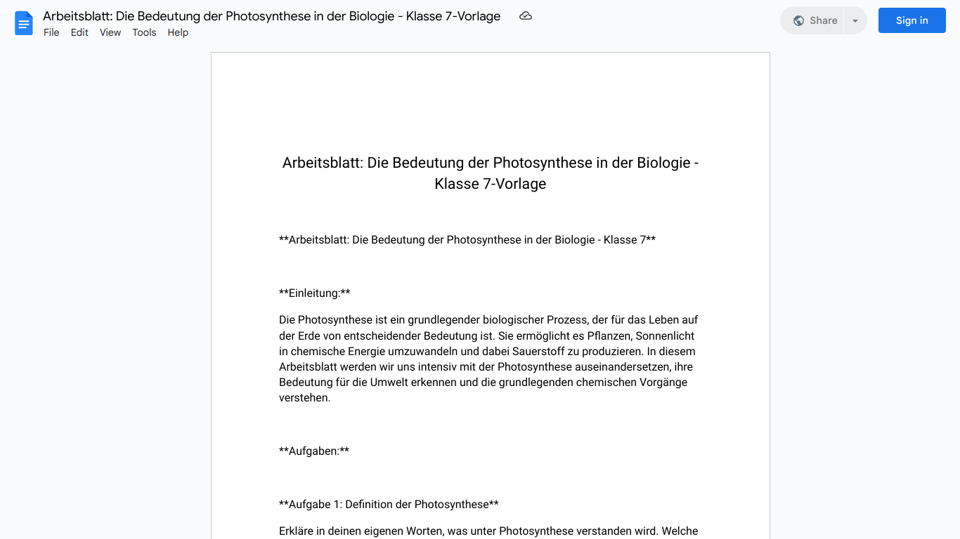 Arbeitsblatt: Die Bedeutung der Photosynthese in der Biologie - Klasse 7-Vorlage