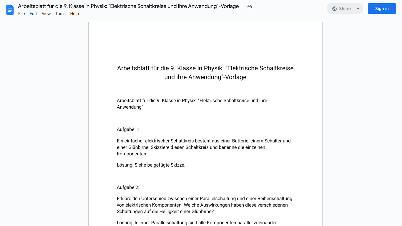 Arbeitsblatt für die 9. Klasse in Physik: "Elektrische Schaltkreise und ihre Anwendung"-Vorlage