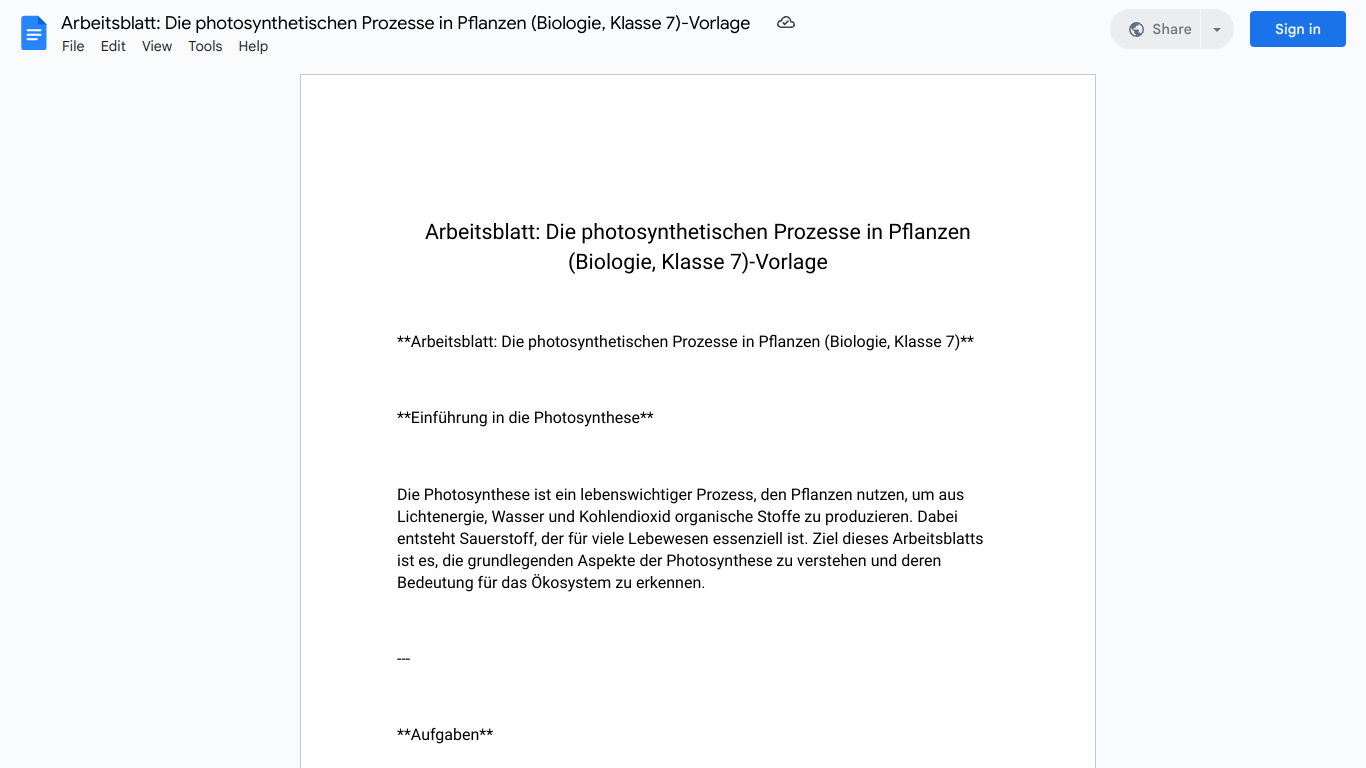 Arbeitsblatt: Die photosynthetischen Prozesse in Pflanzen (Biologie, Klasse 7)-Vorlage