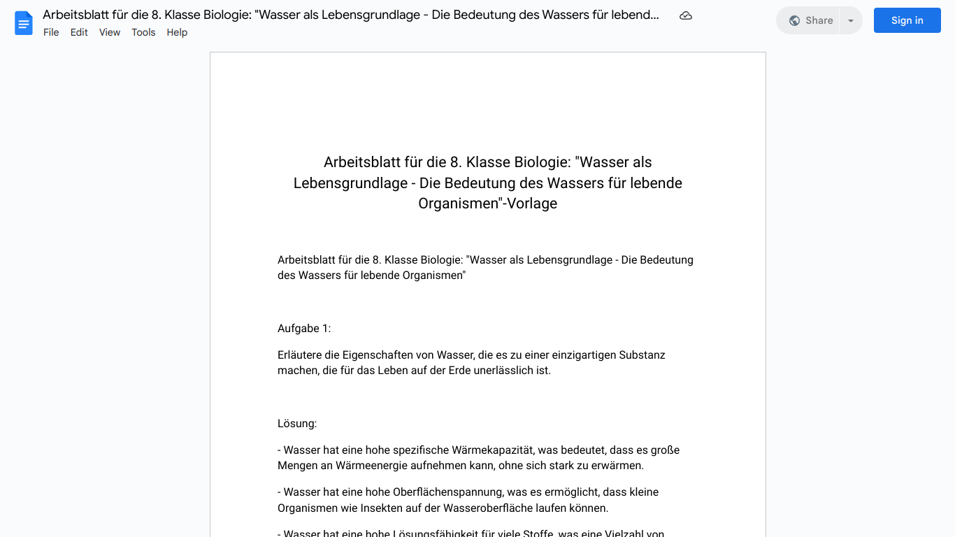 Arbeitsblatt für die 8. Klasse Biologie: "Wasser als Lebensgrundlage - Die Bedeutung des Wassers für lebende Organismen"-Vorlage