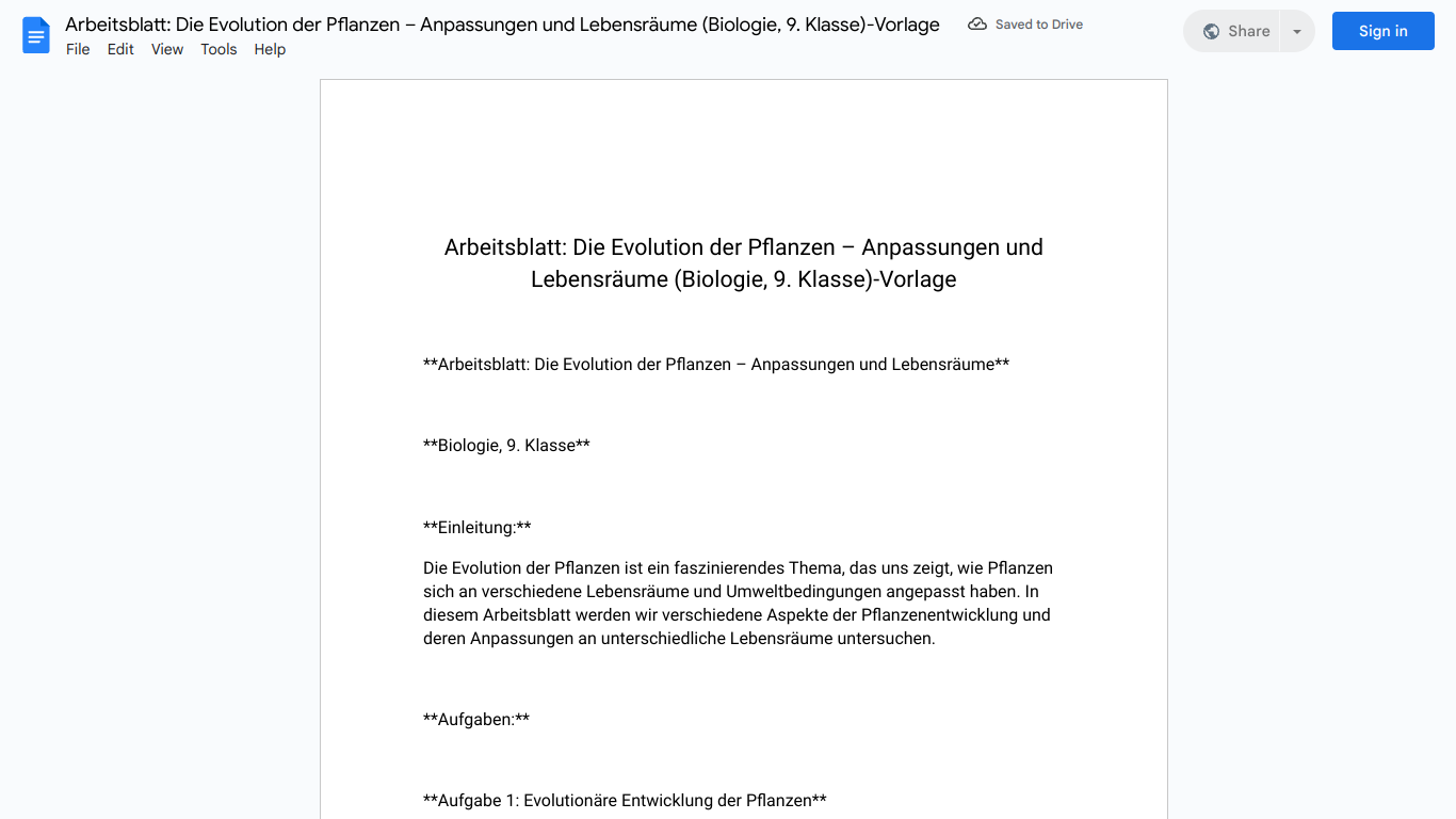 Arbeitsblatt: Die Evolution der Pflanzen – Anpassungen und Lebensräume (Biologie, 9. Klasse)-Vorlage